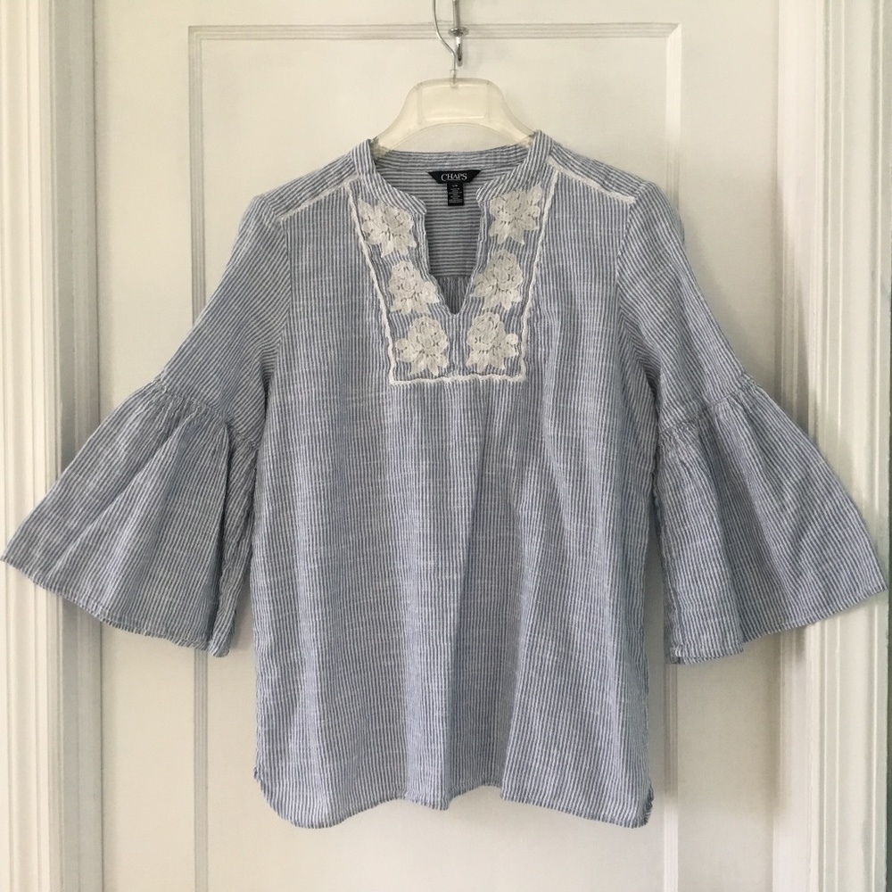 Chaps Blue & White Striped Embroidered 3/4 Bell Trumpet Sleeve, Size L, Exc Cond